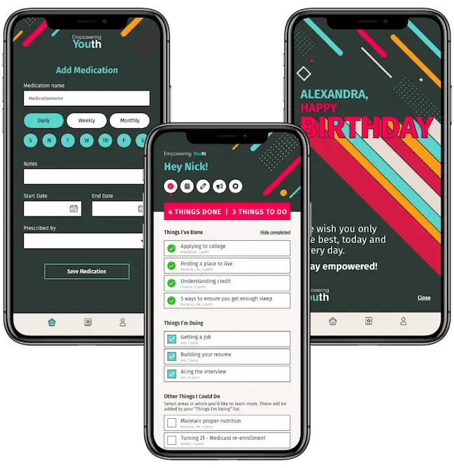 empowering youth app showing on 3 phones grouped together